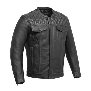 Disturbed Men's Cafe Style Leather Jacket - Grey Stitch