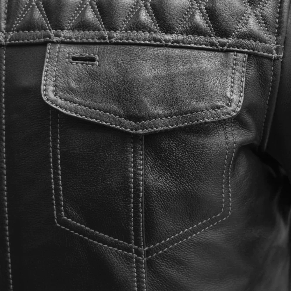 Disturbed Men's Cafe Style Leather Jacket - Grey Stitch