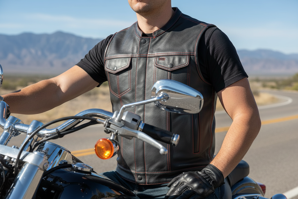 Resolute Men's Leather Motorcycle Leather Vest - Red Stitch