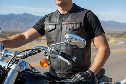 Resolute Men's Leather Motorcycle Leather Vest - Red Stitch