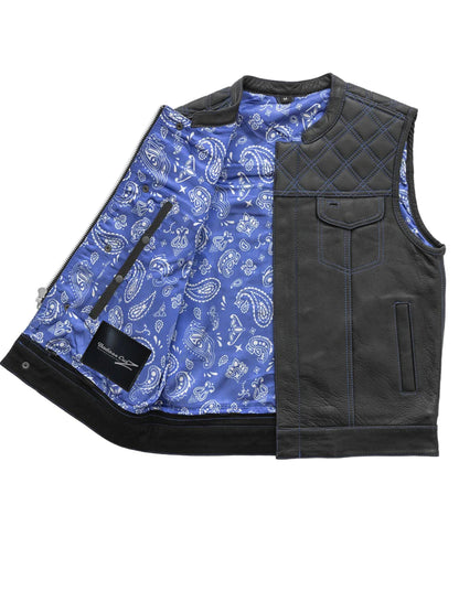Extend Men's Motorcycle Leather Vest - Black/Blue