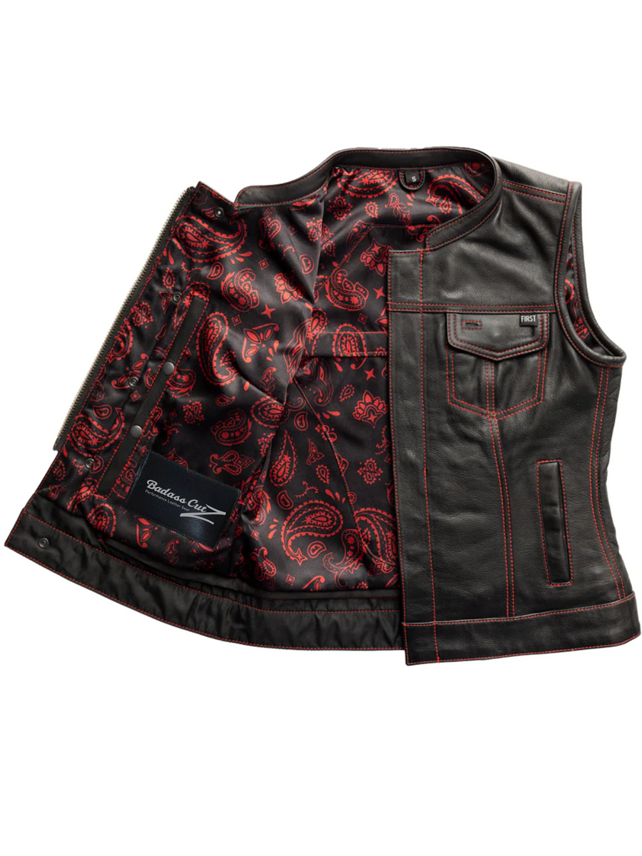 Jet Women's Motorcycle Leather Vest - Black/Red - Limited Edition