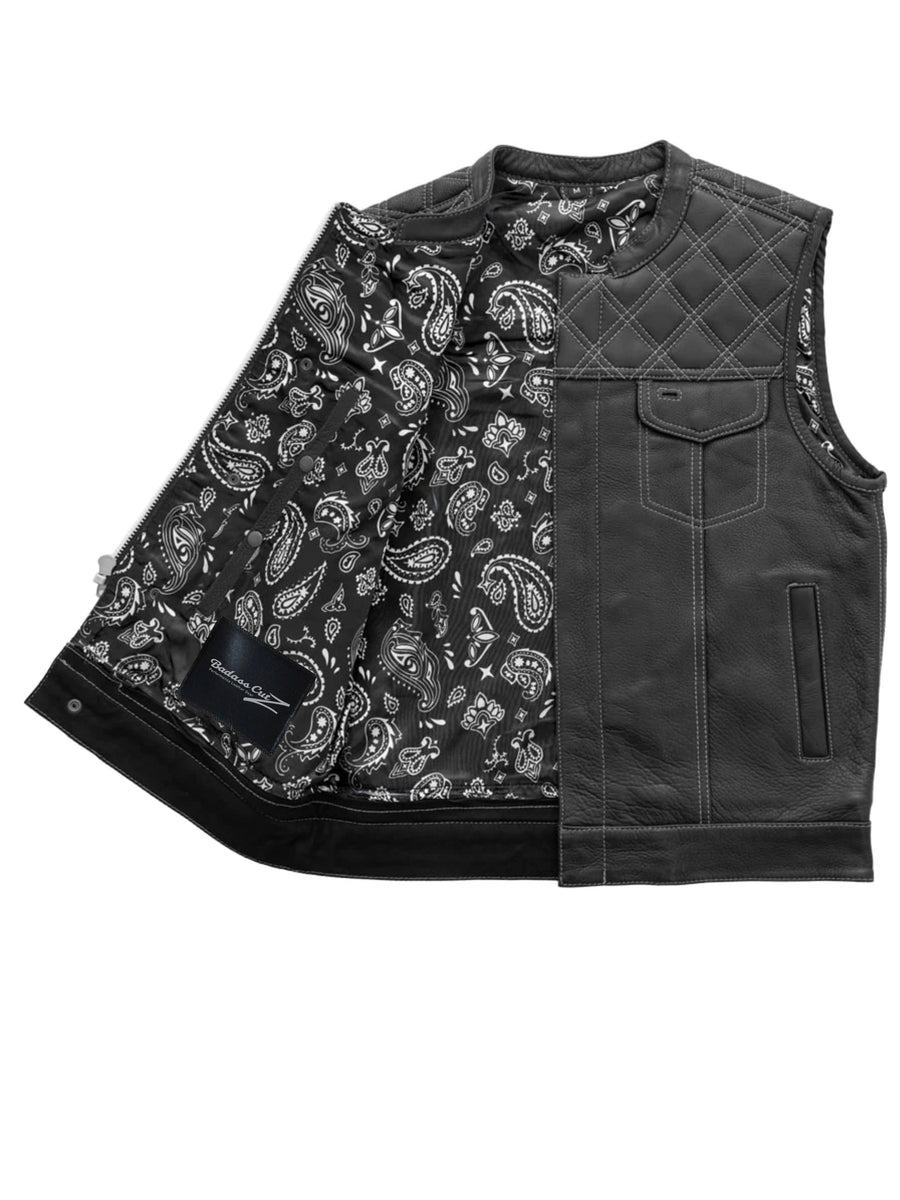 Extend Men's Motorcycle Leather Vest - Black/White