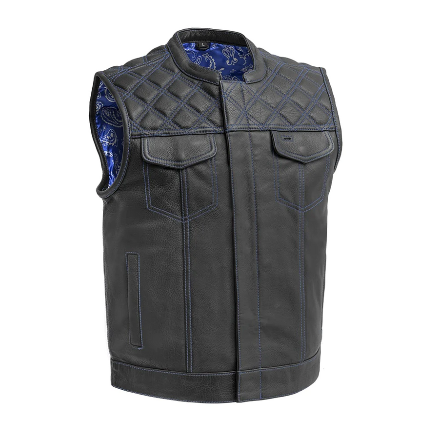 Extend Men's Motorcycle Leather Vest - Black/Blue