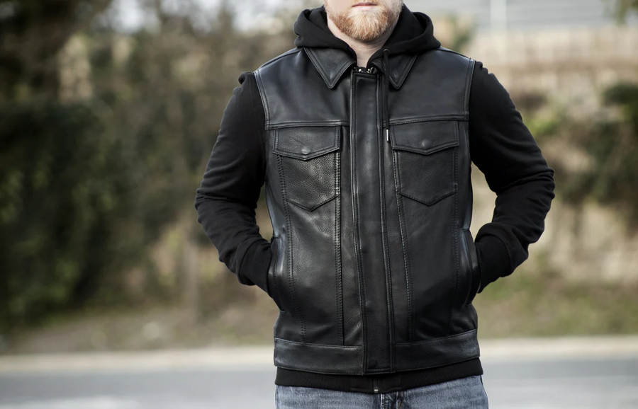 Hawk Men's Motorcycle Leather Vest and Hoodie